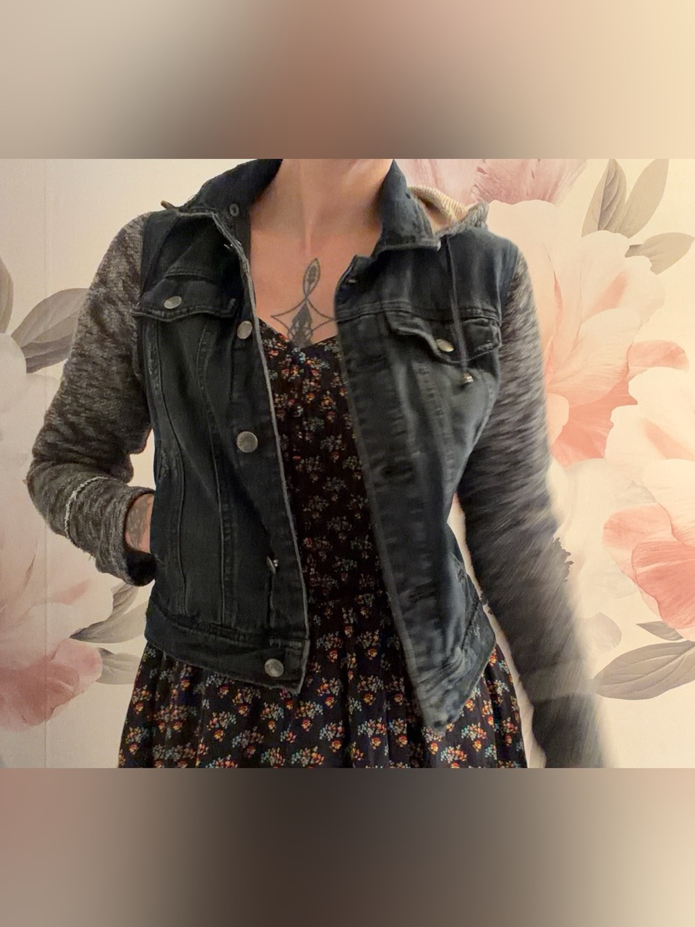 Free People dark blue Denim Jacket with Gray Knit Sleeves size small
